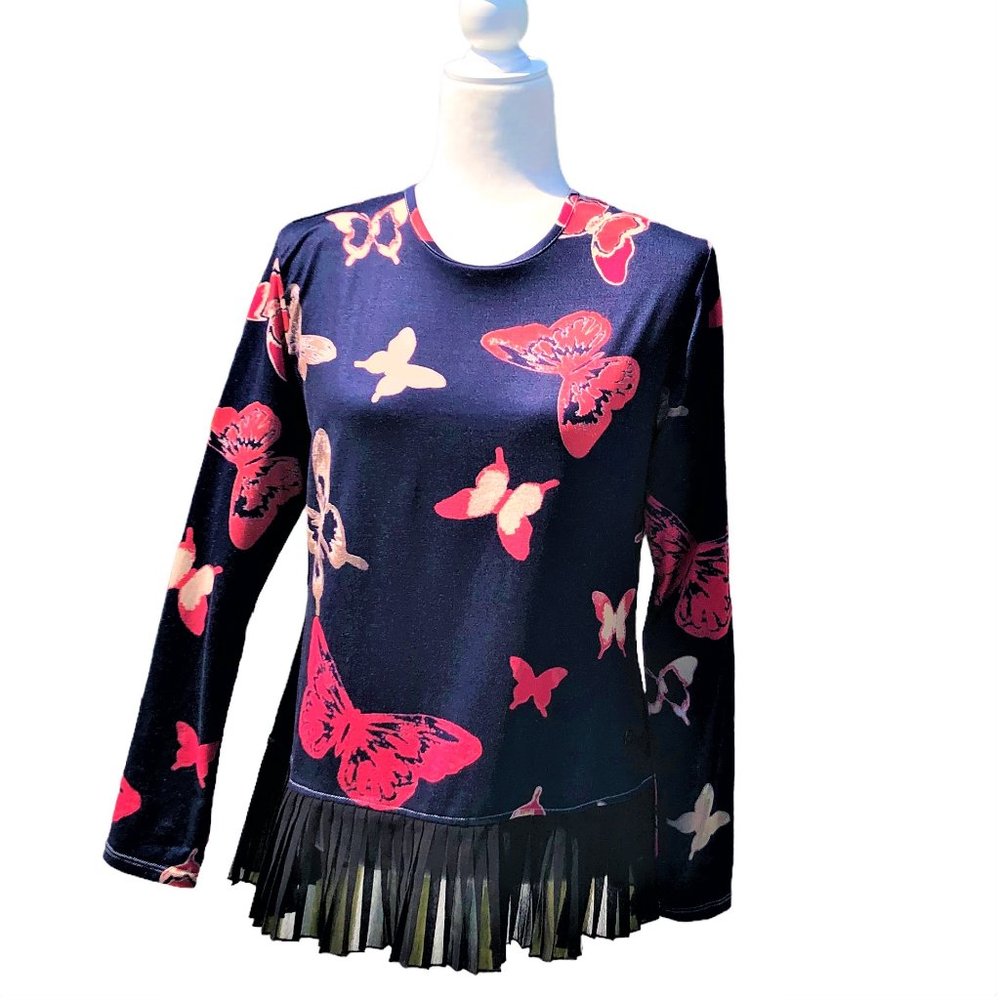 BIANCO NERO Retro Skirted Long Sleeve Butterfly Print Top Pleated Bottom Sz L